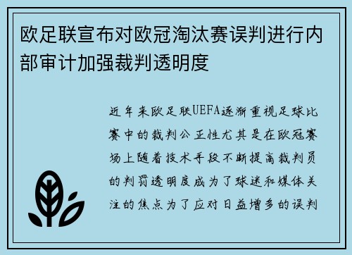欧足联宣布对欧冠淘汰赛误判进行内部审计加强裁判透明度 欧足联宣布对欧冠淘汰赛误判进行内部审计加强裁判透明度