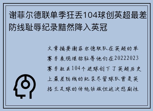 谢菲尔德联单季狂丢104球创英超最差防线耻辱纪录黯然降入英冠 谢菲尔德联单季狂丢104球创英超最差防线耻辱纪录黯然降入英冠